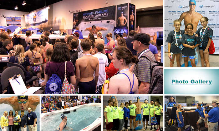 Swimmers line up to take the Michael Phelps Swim Spa Challenge at the Aqua Zone in Omaha